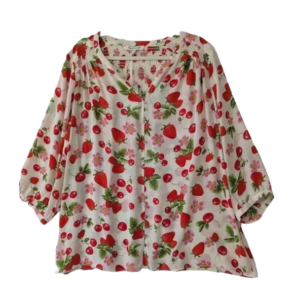 Rose + Olive White Red Strawberry Cherry Tie Front Blouse Size Large - Picture 5 of 12